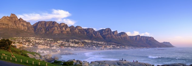 Camps Bay Beach, near Cape Town, behind the Twelve Apostles mountain range, South Africa, Africa