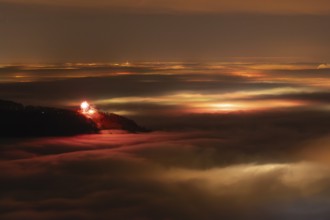 New Year's Eve fireworks 2024 on the Breitenstein, Swabian Alb near Ochsenwang. Sea of fog in the