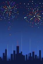 Minimalist, geometric skyline at night, with subtle fireworks in the sky, represented by colorful