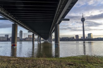 Bridge ramps of the Rheinknie Bridge over the Rhine near Düsseldorf, Rhine Tower, view from