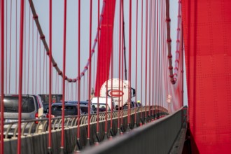 Traffic on the Rhine bridge Emmerich, federal road B220, longest suspension bridge in Germany,