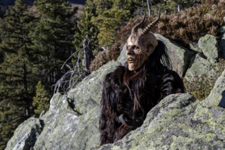 Person in demonic costume looking from rocky vantage point over forest, Neukirchen am