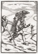 Der Tod kommt zum Hausierer Woodcut von Georg Scharffenberg nach Hans Holbein d. J. Aus Der Todten