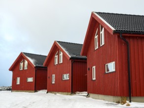 Typical red wooden huts, Ballstad, Vestvagoy Island, Lofoten, Norway, Europe