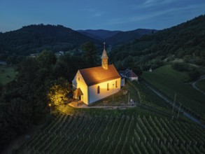 The Jakobuskapelle, mountain chapel on a vineyard at the blue hour, sight and landmark of