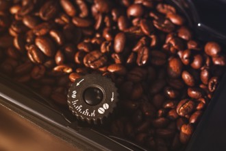 Coffee machine, coffee bean container, top view, close-up, no people, rustic style, selective focus