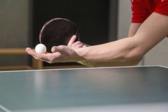 Table tennis symbol image: Close-up of a table tennis player serving