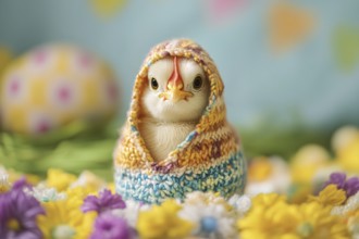 Funny small chick with knitted hoodie between spring flowers. Generative Ai, AI generated