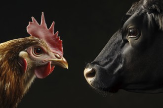 Concept for spread of H5N1 virus from birds to other animals showing a chicken and a cow's head on