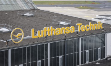 Düsseldorf, North Rhine-Westphalia, Germany - Lufthansa Technik, lettering on the roof of a