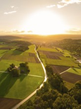 Extensive fields and trees in the glowing red light of the sunset with reflecting sunlight,