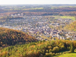 View of a town on the edge of an autumn-coloured forest, visible from the air, high ropes course,