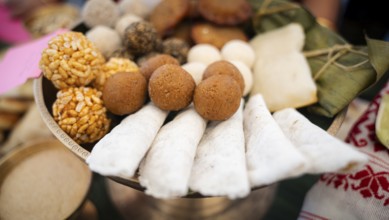 Assamese traditional food displayed at a stall to sell during Magh Bihu or Bhogali Bihu festival.