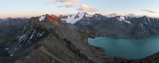 Evening mood, mountain panorama, aerial view, 4000 metre peak with glacier, mountain pass and