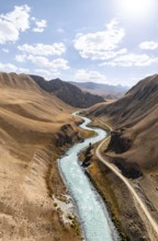 Mountain valley with wild river between hills, Bolgart Valley, Naryn Province, Kyrgyzstan, Asia