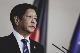 Ferdinand Marcos Jr, President of the Philippines, speaks to the media after a joint meeting with