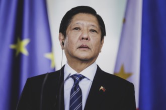 Ferdinand Marcos Jr, President of the Philippines, speaks to the media after a joint meeting with