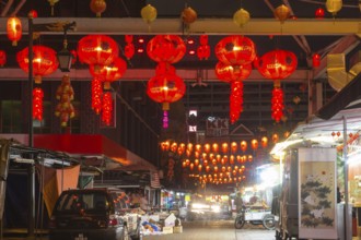 Chinese market with red lanterns at night in Kuala Lumpur, Malaysia, Asia