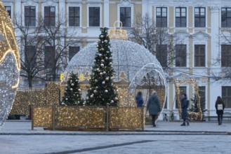 Illuminated Christmas ball, decorated Christmas trees, Magdeburger Lichterwelt, Magdeburg,