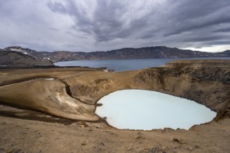 Crater lake Víti and Öskjuvatn in the crater of the Askja volcano, volcanic landscape, Dyngjufjöll