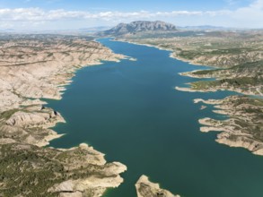 The Negratín reservoir, aerial view, drone shot, Granada province, Andalusia, Spain, Europe