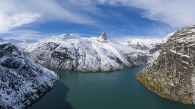 Aerial view over the Zervreila reservoir with the Zervreilahorn in the background, Valsertal,