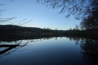 Lake at dawn, Freudenberg am Main, Untermain, Spessart, Odenwald, Franconia, Baden-Württemberg,