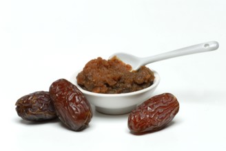 Dried dates, date cream in shell (Phoenix dactylifera) , date puree, date puree