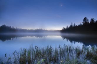 Crescent moon over the mirror-smooth mire lake Étang de la Gruère in the canton of Jura,