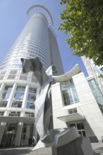 Sculpture Inverted collar and tie by Claes Oldenburg 1994 and view up to Westend Tower 208m, tie,