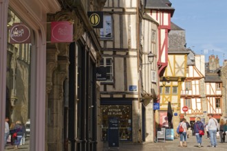 Shops and half-timbered houses on Rue de la Monnaie in the old town of Vannes, Brittany. Vannes,