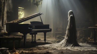 Mysterious and spooky female figure covered in sheer garment standing next to an old dusty piano in