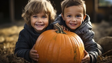 Happy young children showing off their large ripe fall pumpkin at the pumpkin patch, generative AI