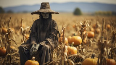 Scary ghostly halloween scarecrow figure sitting amongst the country pumpkin patch, generative AI