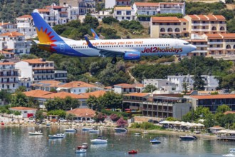 A Boeing 737-800 Jet2 aircraft with registration G-JZHL at Skiathos Airport, Greece, Europe