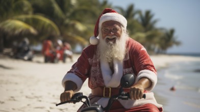 Happy santa claus riding a bike on the beach on a sunny day. generative AI