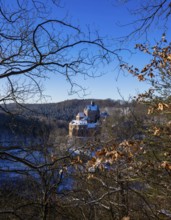 Kriebstein Castle rises on a steep rock above the Zschopau. Within the large group of hilltop