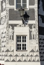 Detail of sgraffito decoration on facade of the Knights, U Rytiru, house, Mikulov, Czech Republic,