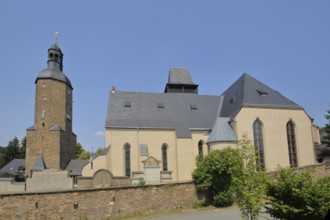 Historic Watchtower and St. Laurentius Church, Saint, Geyer, Erzgebirge, Saxony, Germany, Europe