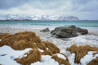 Waves of Norwegian sea on rocky beach of fjord. Ramberg beach, Lofoten islands, Norway, Europe