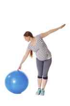 Pregnancy exercise concept, pregnant woman doing exercises with exercise ball isolated on white