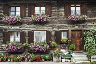 Old wooden house with geraniums in front of the windows in Zollstraße, Oberstdorf, Oberallgäu,