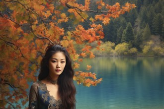 Beautiful young Asian woman with dark hair under tree branches near a colourful lake, China, AI