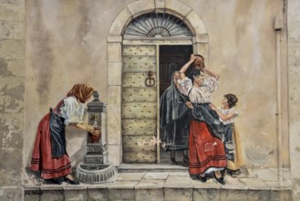 Sardinian Mural painting, peasant women with jugs, Mural, Thieri, Sardinia, Italy, Europe