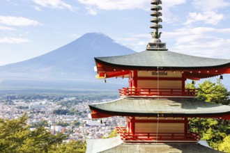 View of Mount Fuji with Chureito Pagoda in Arakurayama Sengen Park in Shimoyoshida, Japan, Asia