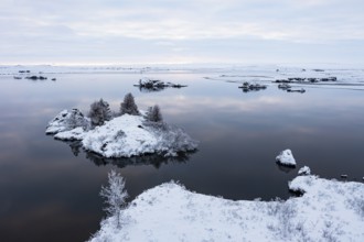 Snow-covered small islands overgrown with bushes in Lake Myvatn, at blue hour, Kalfaströnd, drone