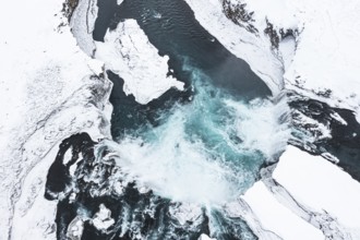 Godafoss waterfall, snowy landscape, drone shot, Northern Iceland Eyestra, Iceland, Europe