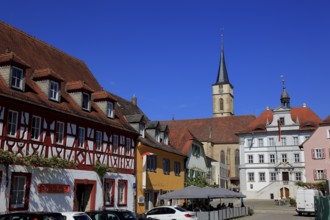 Town of Iphofen, market square with St. Vitus parish church and the town hall, Kitzingen district,