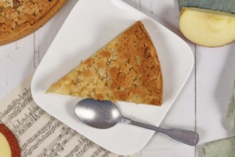 Slice of traditional European apple pie with topping crumbles called 'Streusel' on plate