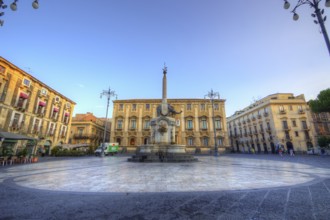 Early morning, HDR, super wide angle, obelisk, elephant, wide open space, blue sky, lanterns,